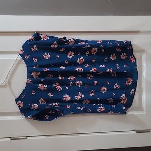 Cap sleeve blue blouse with flowers, size xl